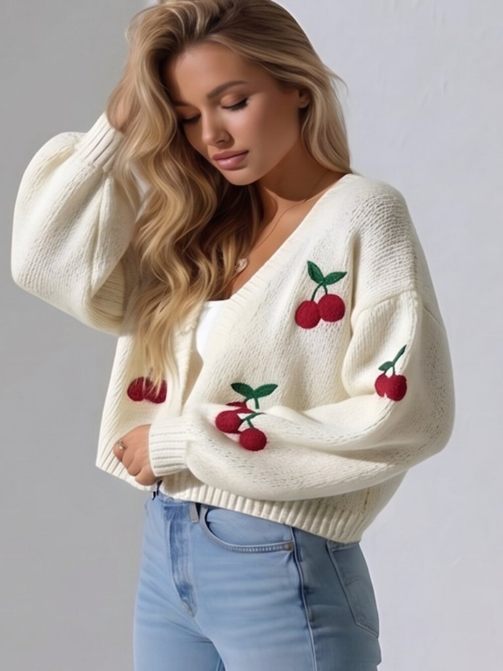 Cherry Embroidery Lantern Sleeve Cardigan Off White - Picture 3 of 8
